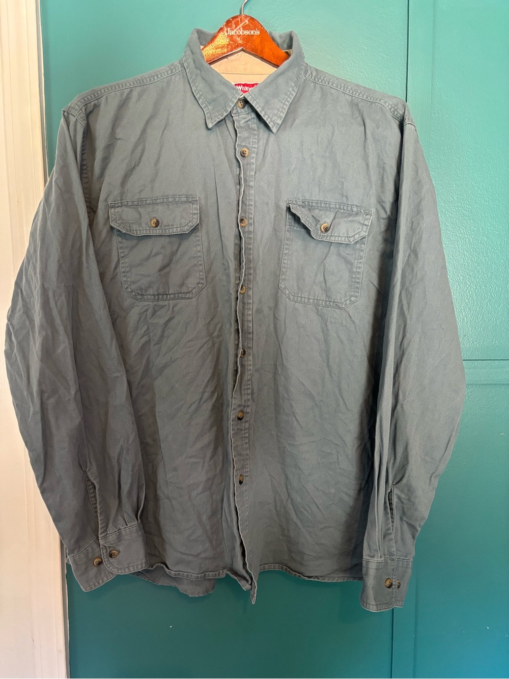Wrangler Mens Blue 100% Cotton Twill Long Sleeve Button Down Work Shirt Size 2XL